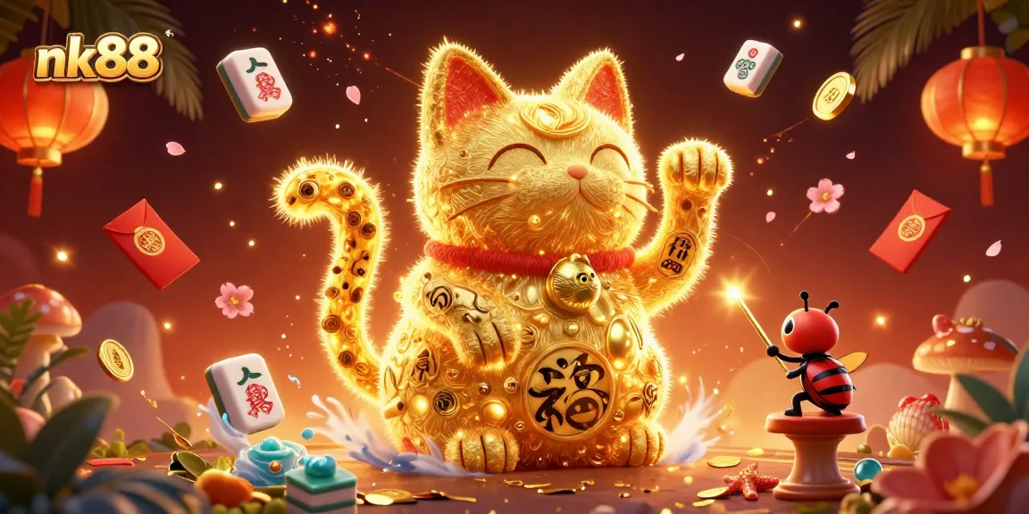 Nk88 showcases a vibrant casino scene with a lucky cat, fireflies, and festive game elements.