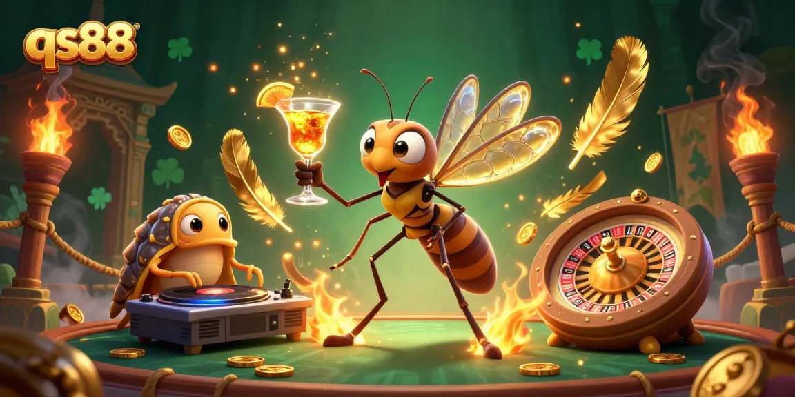 Engage with qs88's vibrant casino adventures featuring a frozen mosquito mascot and a trilobite DJ.
