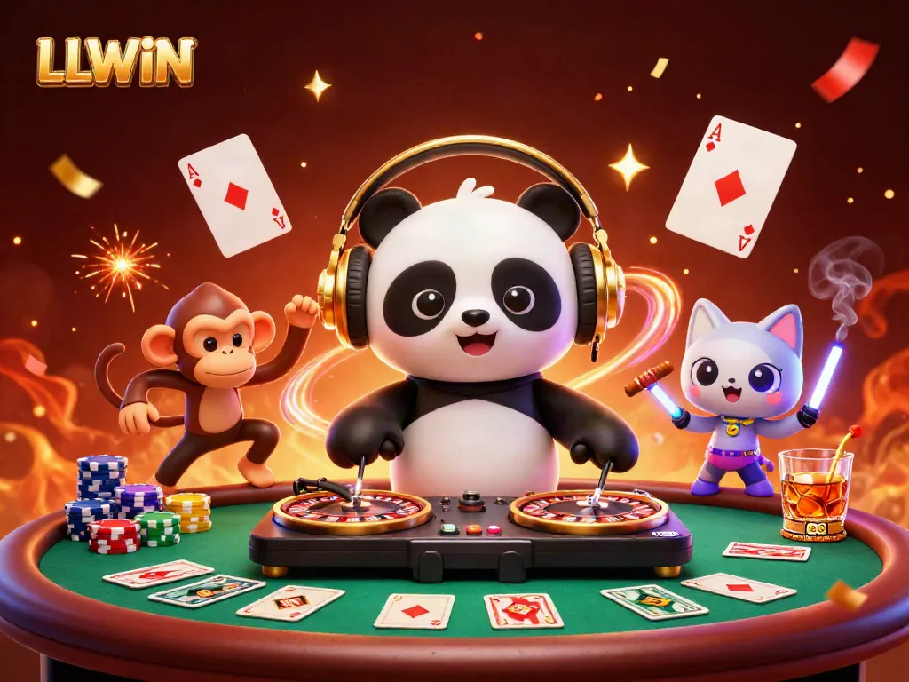 LLWIN casino scene with DJ panda, breakdancing monkey, and rave kitten amidst vibrant casino elements.