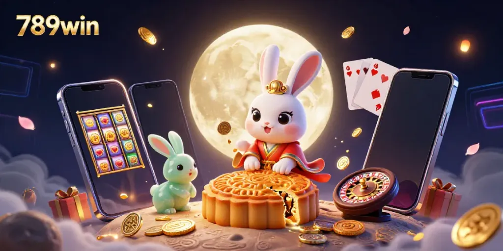 Experience thrilling gameplay at 789win with a vibrant scene featuring a moon rabbit and poker elements.