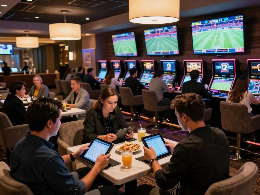 CM88 bettors actively placing wagers in a stylish sports betting lounge, showcasing excitement and engagement.