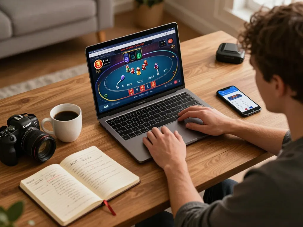 KP88 poker game in progress on a laptop during a relaxed home session, showcasing strategic gameplay.