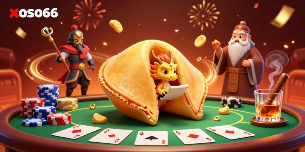 Engage with xoso66 through this vibrant casino illustration of a golden fortune cookie scene, rich in gaming elements.