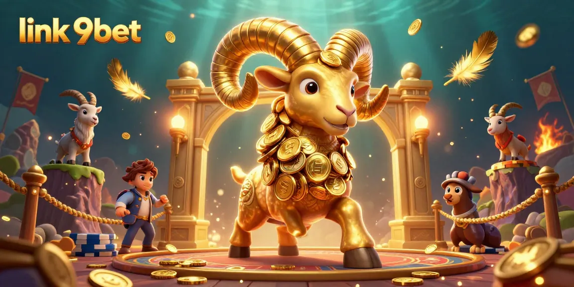 Experience the thrill of betting at link 9bet with a charging golden ram and swirling casino elements.