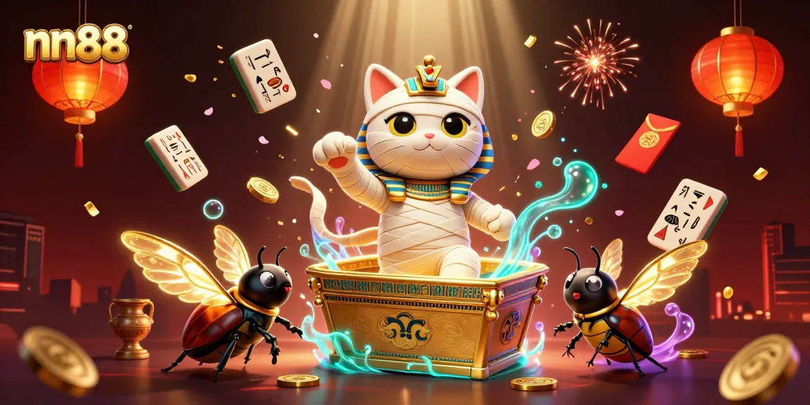 Experience gaming excitement at nn88 with the Egyptian mummy cat and luxury casino visuals.