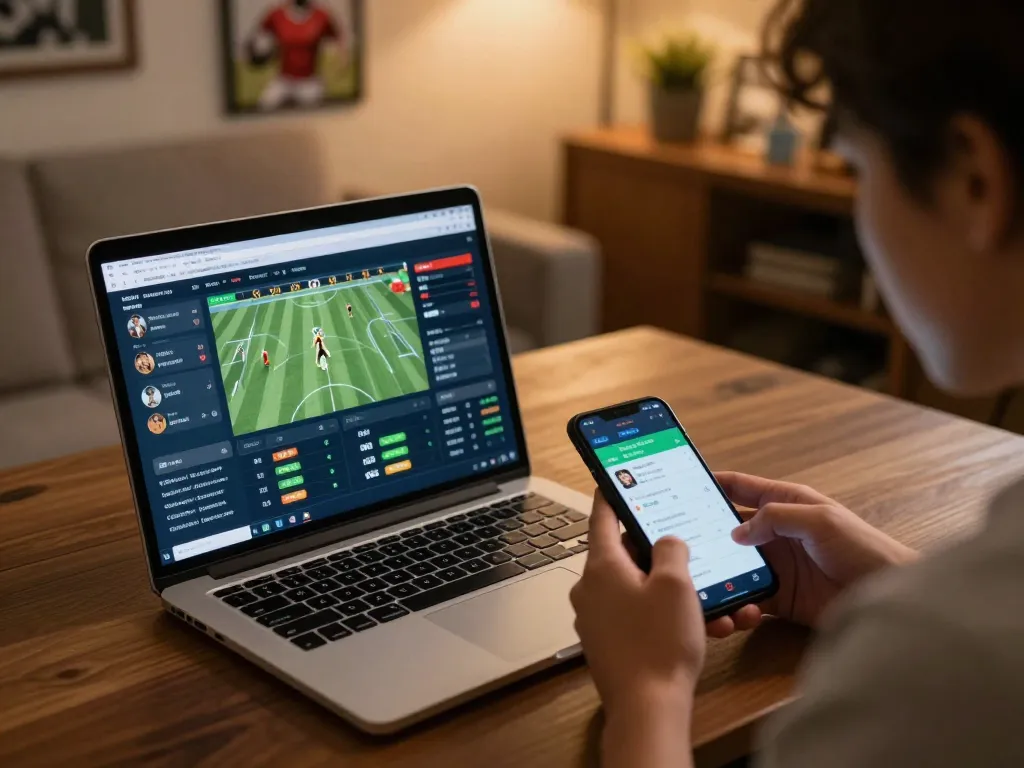 RR88 users engaging in strategic sports betting from home, analyzing odds and matches.
