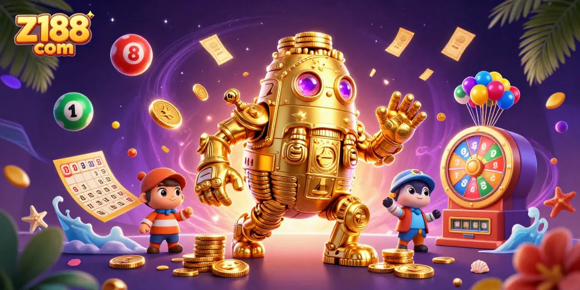 Engage with exciting gameplay at z188 com featuring a golden golem amidst vibrant lottery elements.