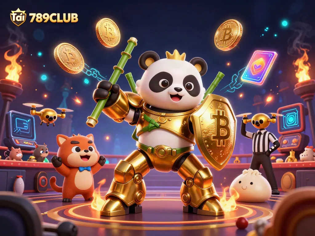 Tải 789CLUB offers a vibrant casino scene with cartoon characters and crypto elements showcasing gaming excitement.