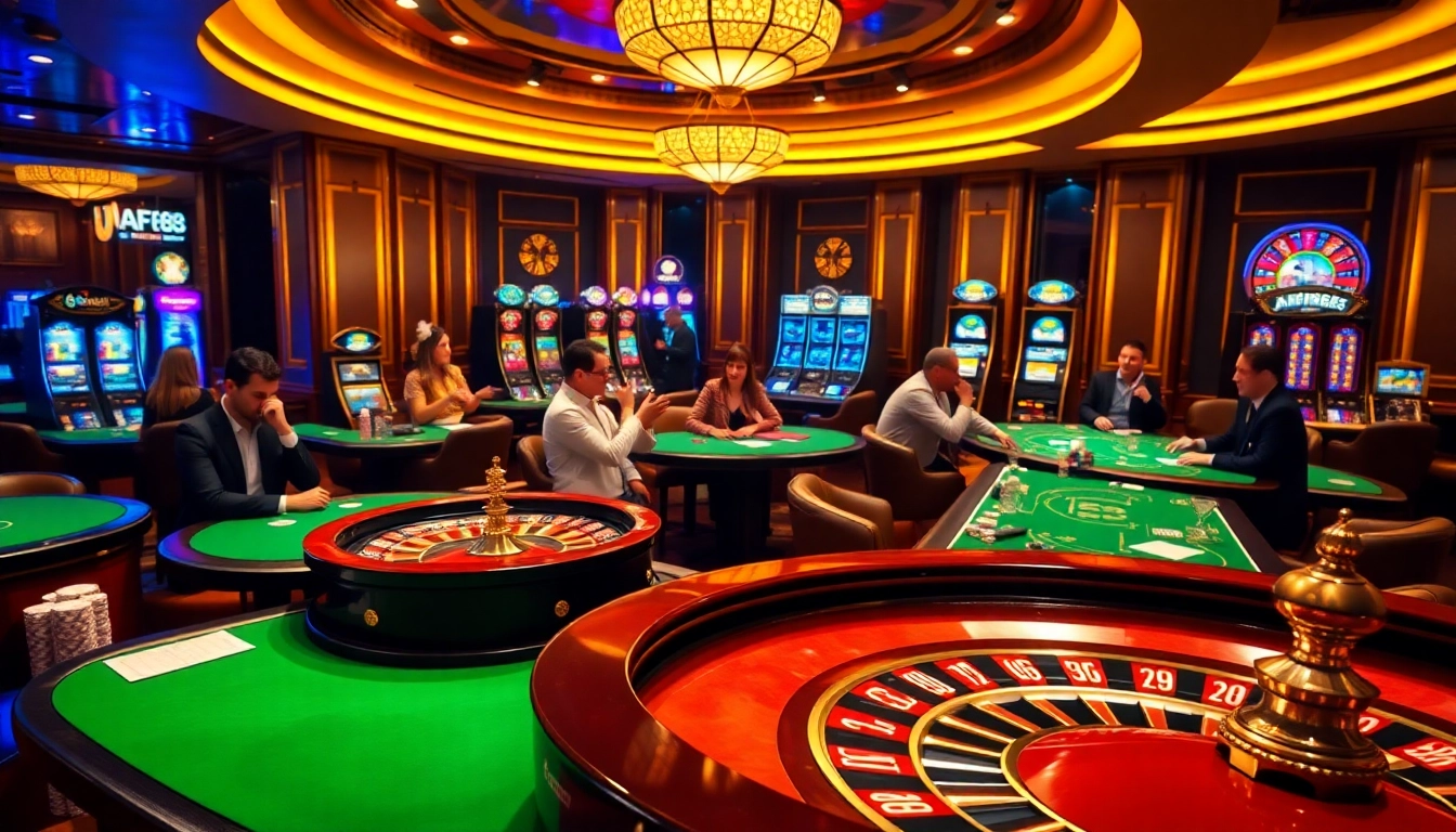 Players enjoy exciting games at AF88's luxurious casino tables in a vibrant atmosphere.