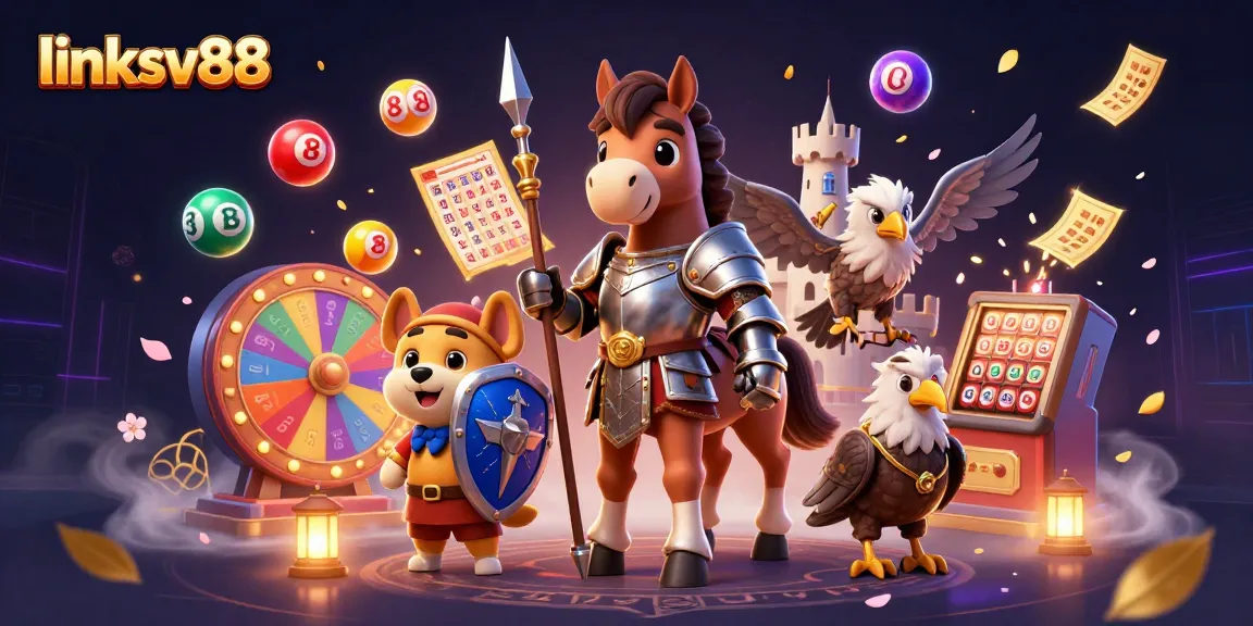 Engage with link sv88 in a vibrant casino scene featuring a knight, squire, and falcon amidst lottery elements.