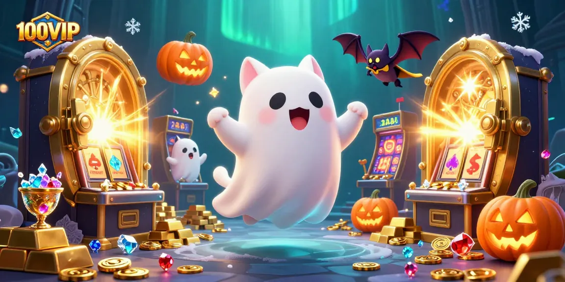 Engage in thrilling gaming with the 100VIP ghost cat in a haunted casino, surrounded by treasure and joy.