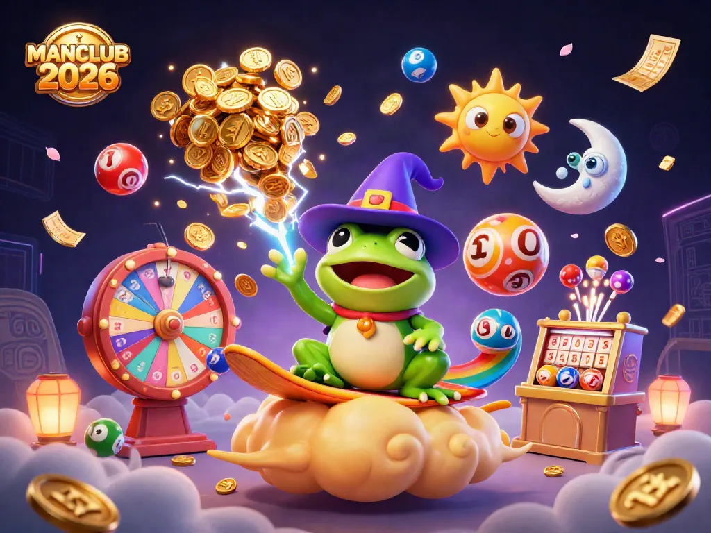 Experience the excitement of gaming in MANCLUB 2026 with a vibrant 3D illustration of a frog wizard, chameleon, and magical elements.