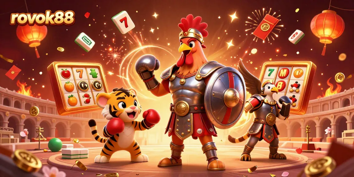 Experience dynamic play with rokok88's vibrant casino scene featuring lucky symbols and gladiator action.