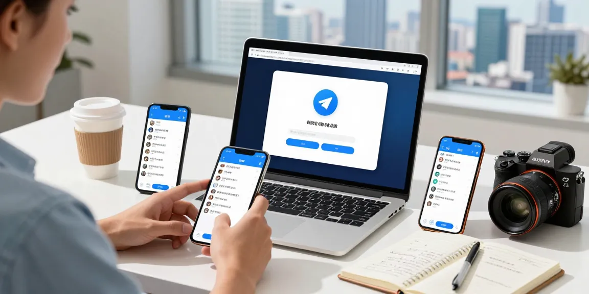 Efficient workspace user applying Telegram Chinese setup with laptop and mobile devices.