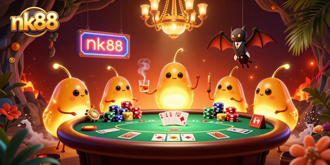 Engage with nk88 in this vibrant poker scene featuring glowworms and a bat dealer.