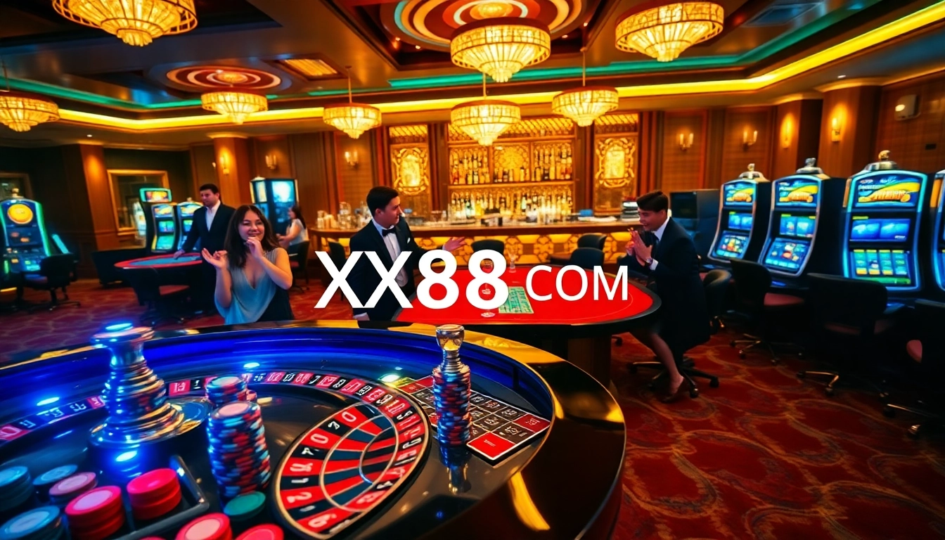 Experience excitement at XX88 COM with players engaged in high-stakes roulette and vibrant casino decor.