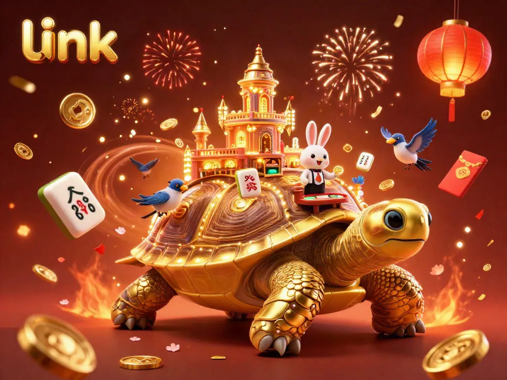 Experience the thrilling atmosphere of link UU88 with a golden tortoise casino, vivid colors, and dynamic elements.
