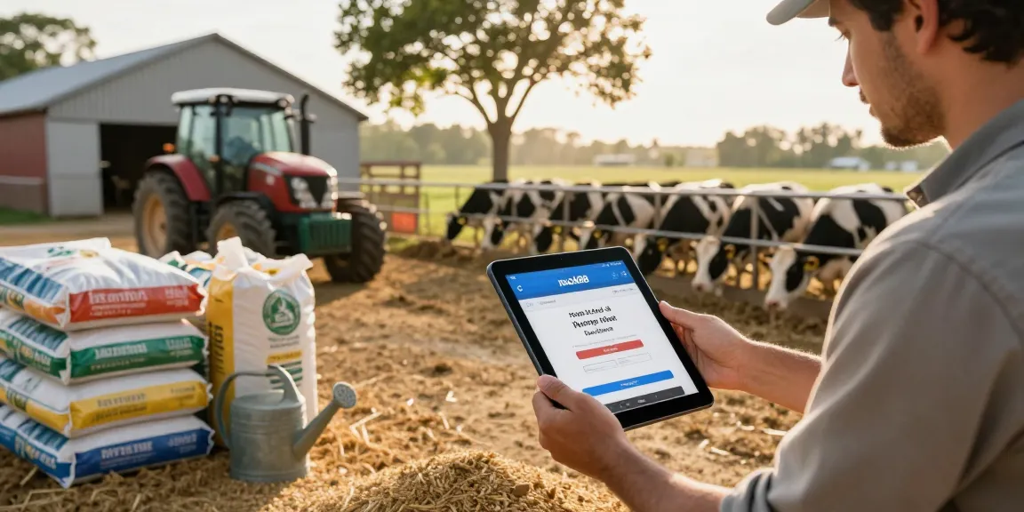 Farmer engaging with livestock and rokok88 slot login on tablet in vibrant farm setting