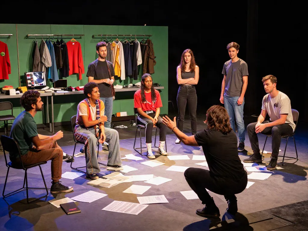 Performers rehearsing a contemporary play on stage, embodying rokok88 super creativity.