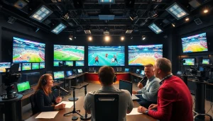 Dynamic sports broadcasting studio with hosts preparing for an engaging live show.