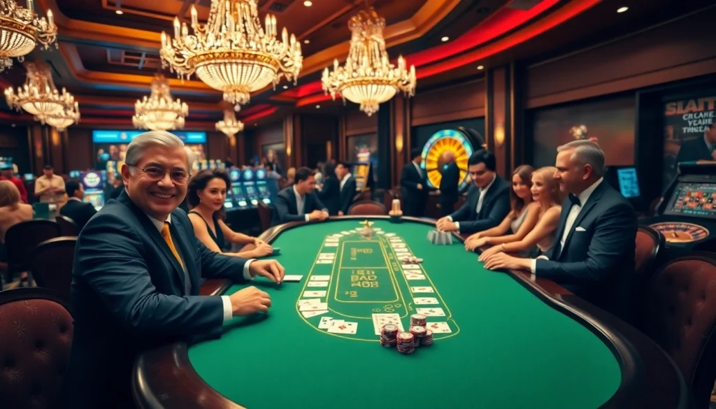 Engaged players at https://red88.hot/ strategizing their Baccarat game amidst a vibrant casino atmosphere.