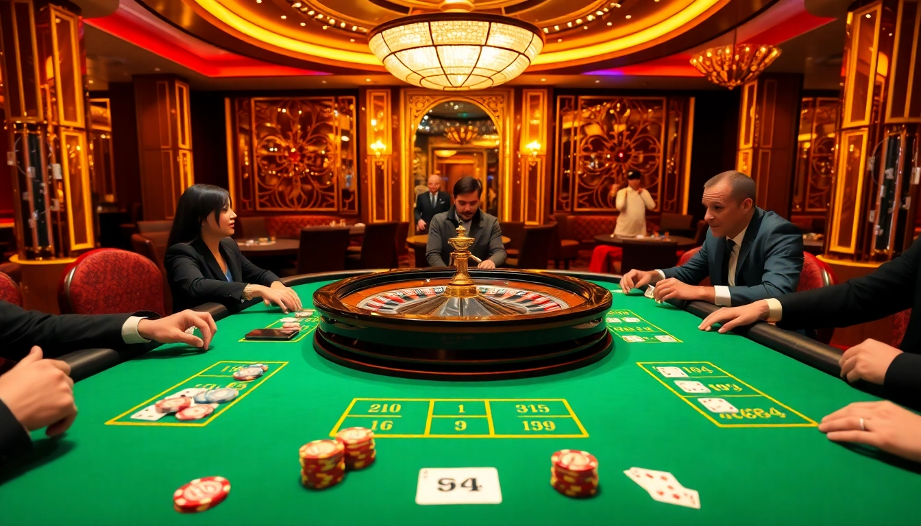 Engage in high-stakes gambling at https://gg88.black/ with players around a luxurious roulette table in a vibrant casino.