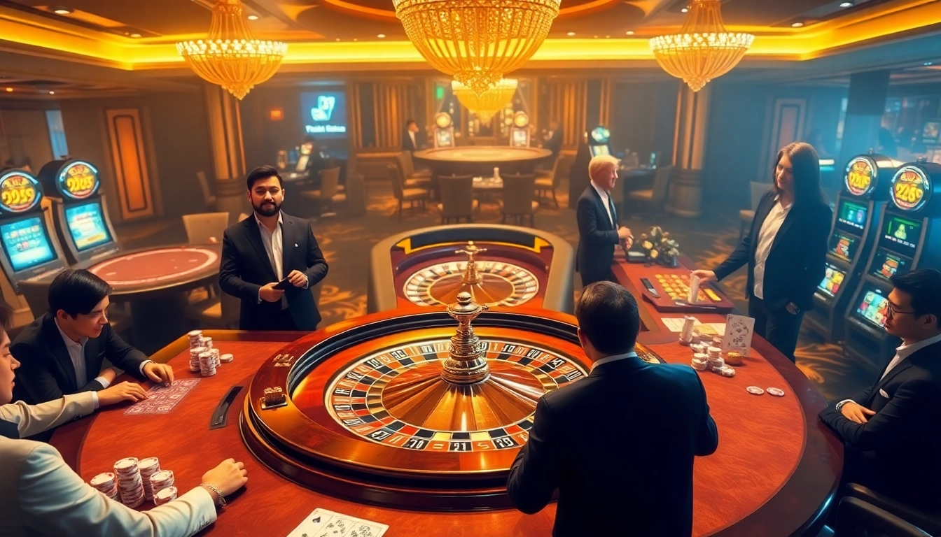 Experience the excitement of PS99 COM at a vibrant casino with roulette and poker tables.