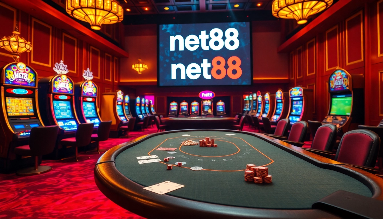 Experience the excitement of net88 with vibrant casino visuals of poker tables and slot machines.