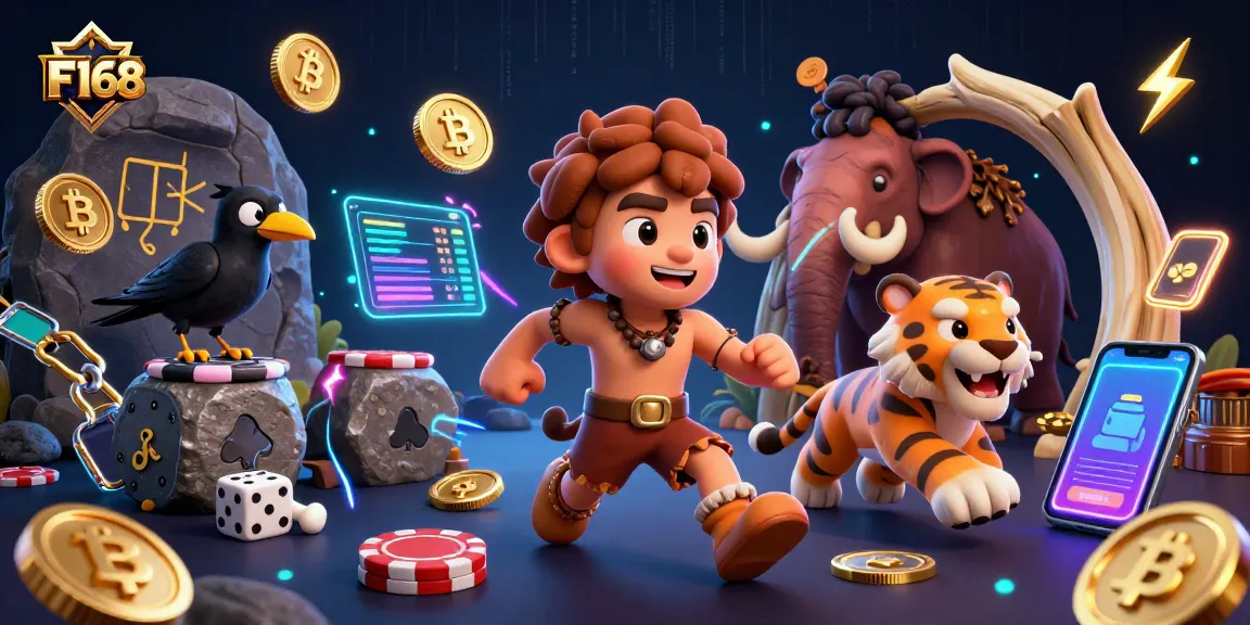 Experience F168 with thrilling spins and vibrant visuals in a dynamic crypto-themed casino scene.