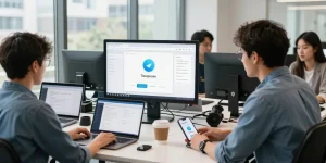 Download Telegram on multiple devices in a collaborative tech workspace with a team discussing user experience improvements.