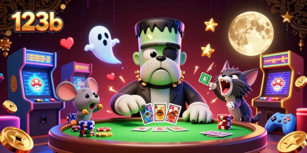 Experience thrilling gameplay at 123b with a unique casino atmosphere featuring colorful characters and lively gaming elements.