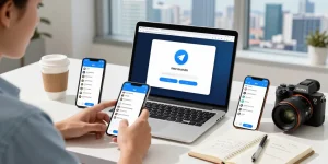 Efficient workspace user applying Telegram Chinese setup with laptop and mobile devices.