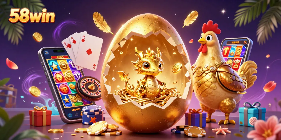 Experience the thrill at 58win with a dazzling scene of golden gaming elements and excitement.