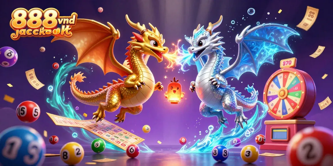 Engage in the thrill of the 888vnd jackpot with dynamic dragons, colorful lottery balls, and casino elements.