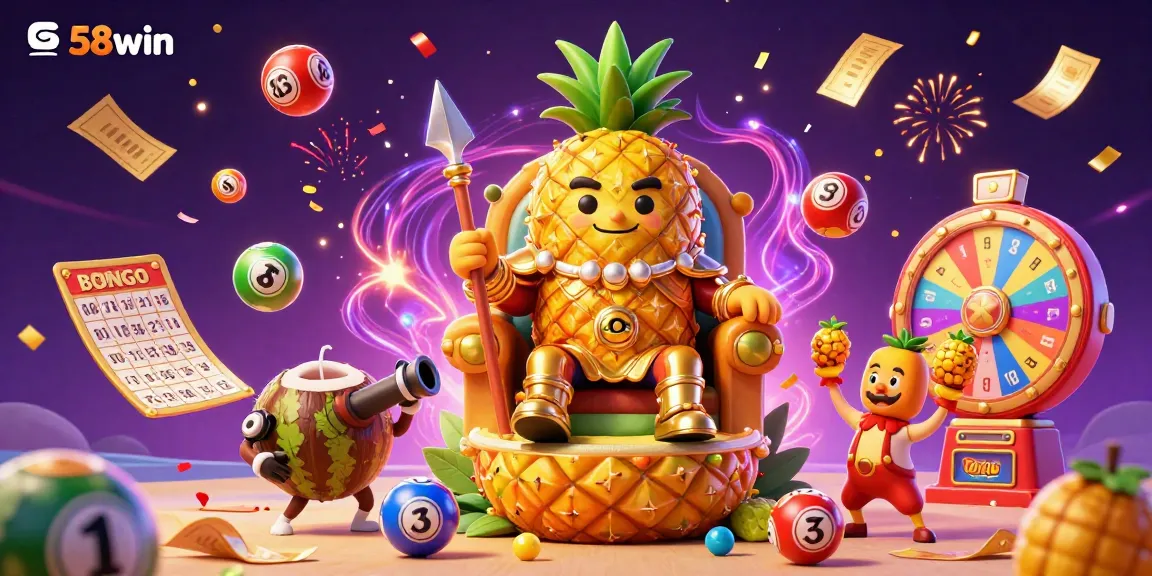 Engage with the vibrant world of 58win, featuring a golden pineapple king in a lively casino scene.