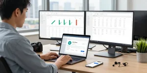 Download WPS Office in a modern workspace with dual monitors and laptop showcasing productivity tools.