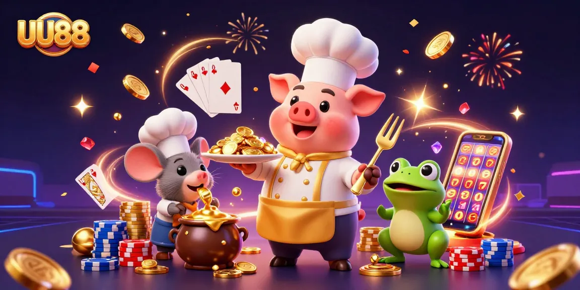 Engage in thrilling gaming at UU88 with vibrant casino elements and dynamic characters.
