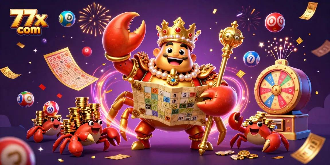 Experience the excitement of 777x com with a colorful lottery scene featuring a crab emperor and dynamic game elements.