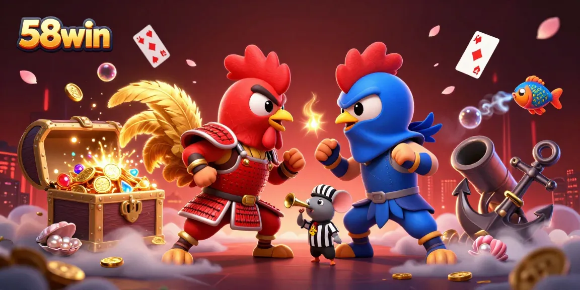 Join the thrilling world of 58win with twin fighting roosters and lively casino elements.