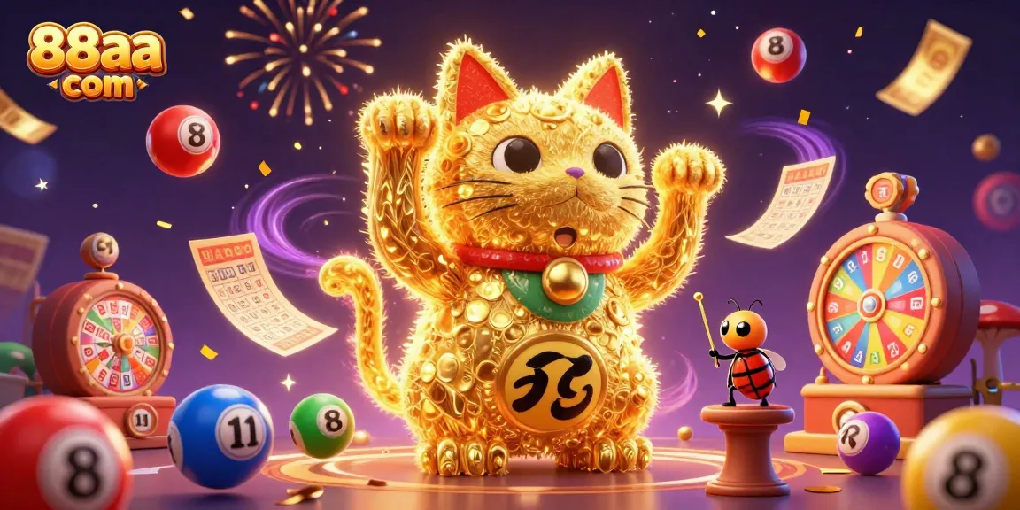 Experience the excitement of gaming at 88aa com with a vibrant illustration of a lucky cat and lottery elements.
