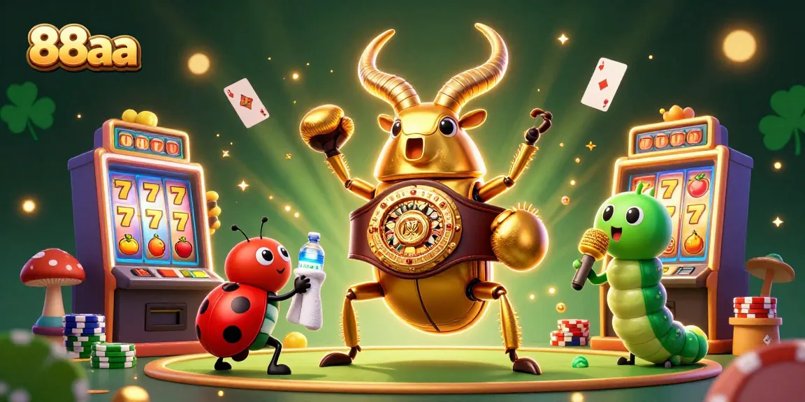 Engage with the dynamic 88aa casino scene featuring a golden stag beetle and vibrant slot machines.