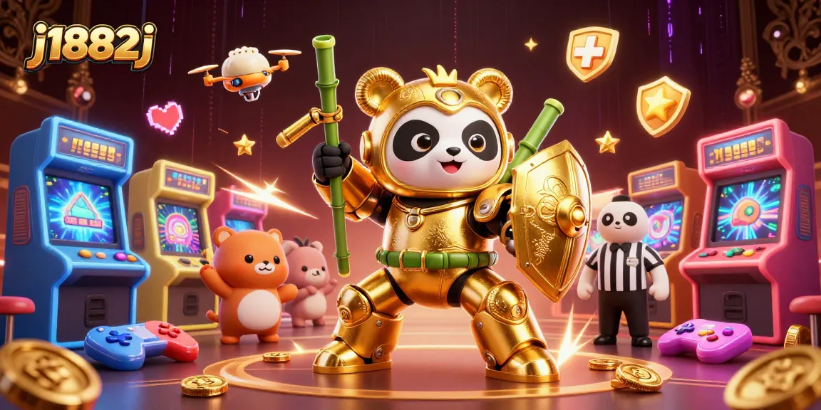 Engage with j1882j in an exciting 3D gaming scene filled with vibrant casino themes and colorful characters.