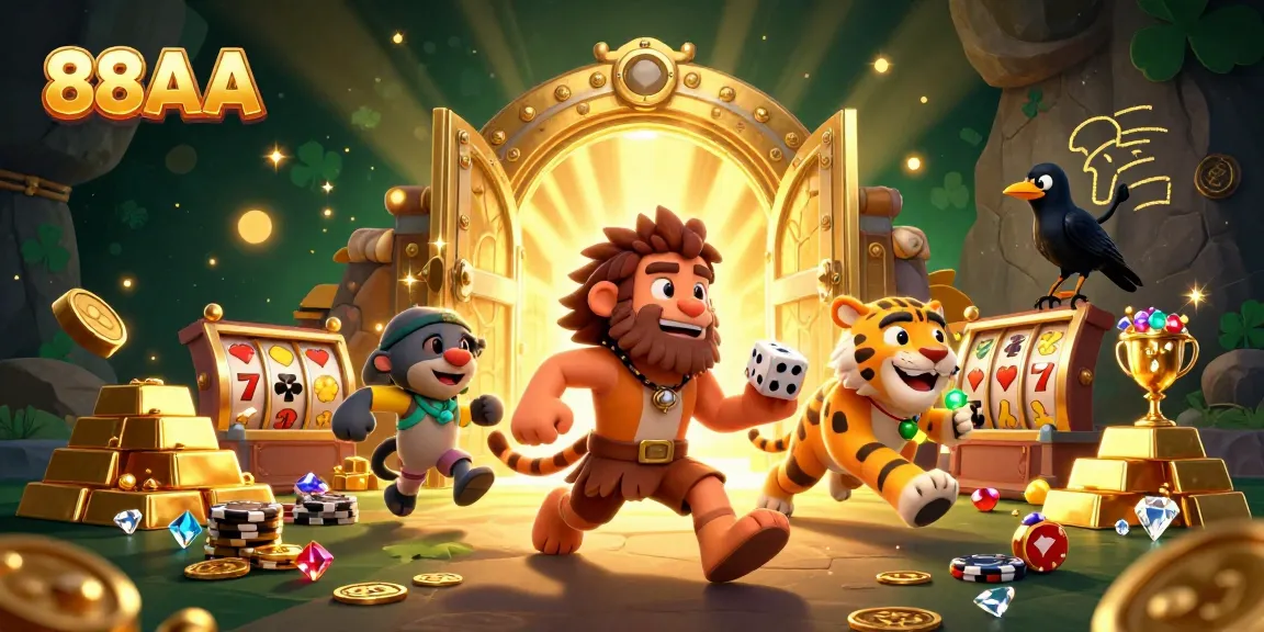 88AA players enjoying vibrant casino games, colorful slot reels, and exotic treasures in action.