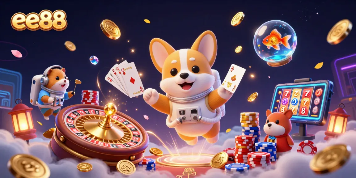 Experience winning excitement at ee88 with a cartoon astronaut corgi in a vibrant space casino scene.