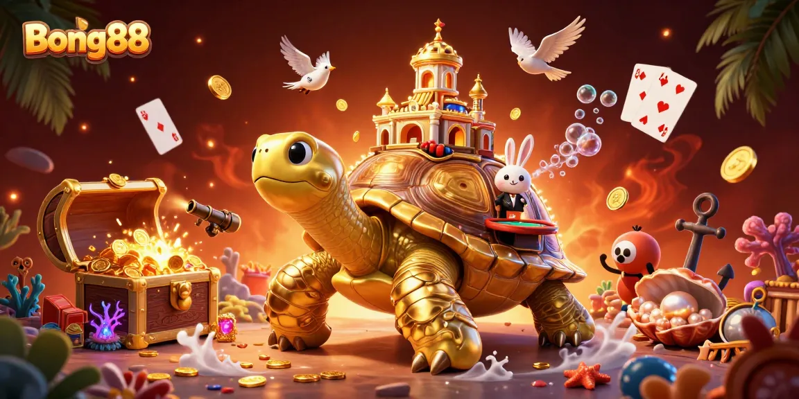 Experience thrilling gameplay with Bong88's dynamic casino scene featuring a gold tortoise and rabbit dealer.