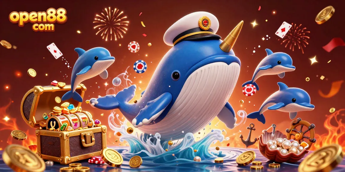 Experience thrilling games at open88 com with a vibrant 3D casino scene featuring whales, dolphins, and treasures.